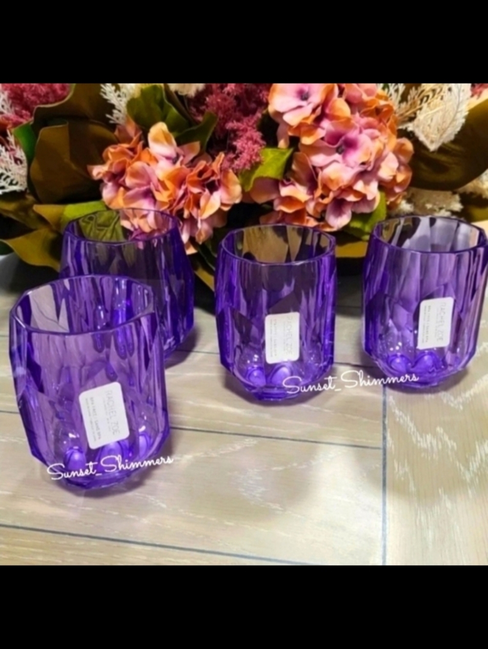 RACHEL ZOE 4pc PURPLE ACRYLIC Crystal TUMBLER Cup Drink GLASS Set NEW